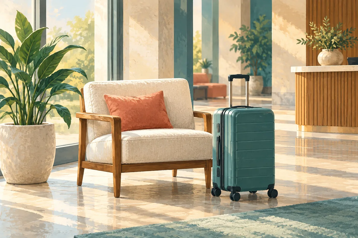 Teal suitcase in a hotel lobby